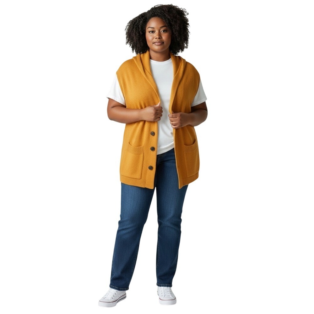 Womens Mustard Yellow Hooded Knit Cardigan Vest Sleeveless Button Front Pocket